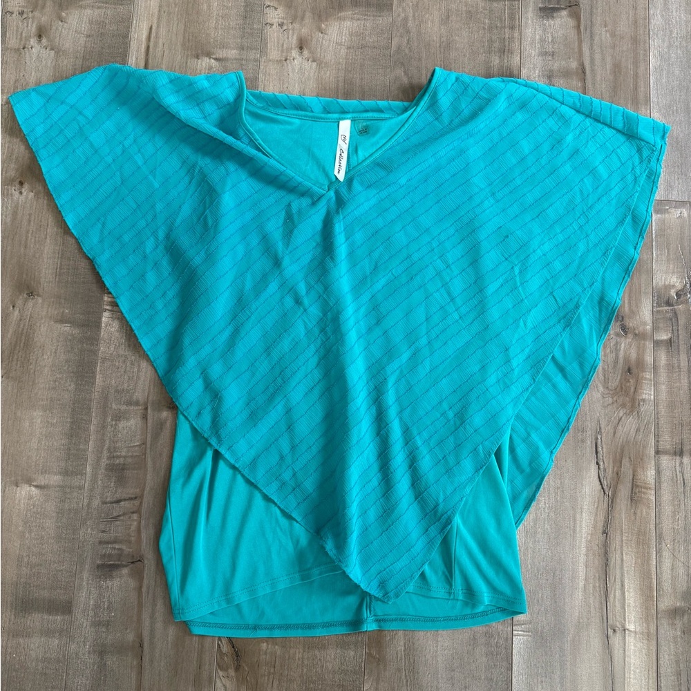 NY Collection Short Sleeve Blouse Women's Large Asymmetric Layered Top Turquoise